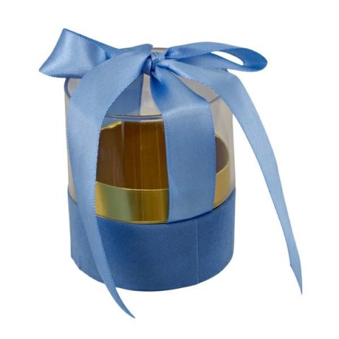 SCATOLA TONDA PICCOLA NASTRO FIOCCO CELESTE 6.5X6.5X7